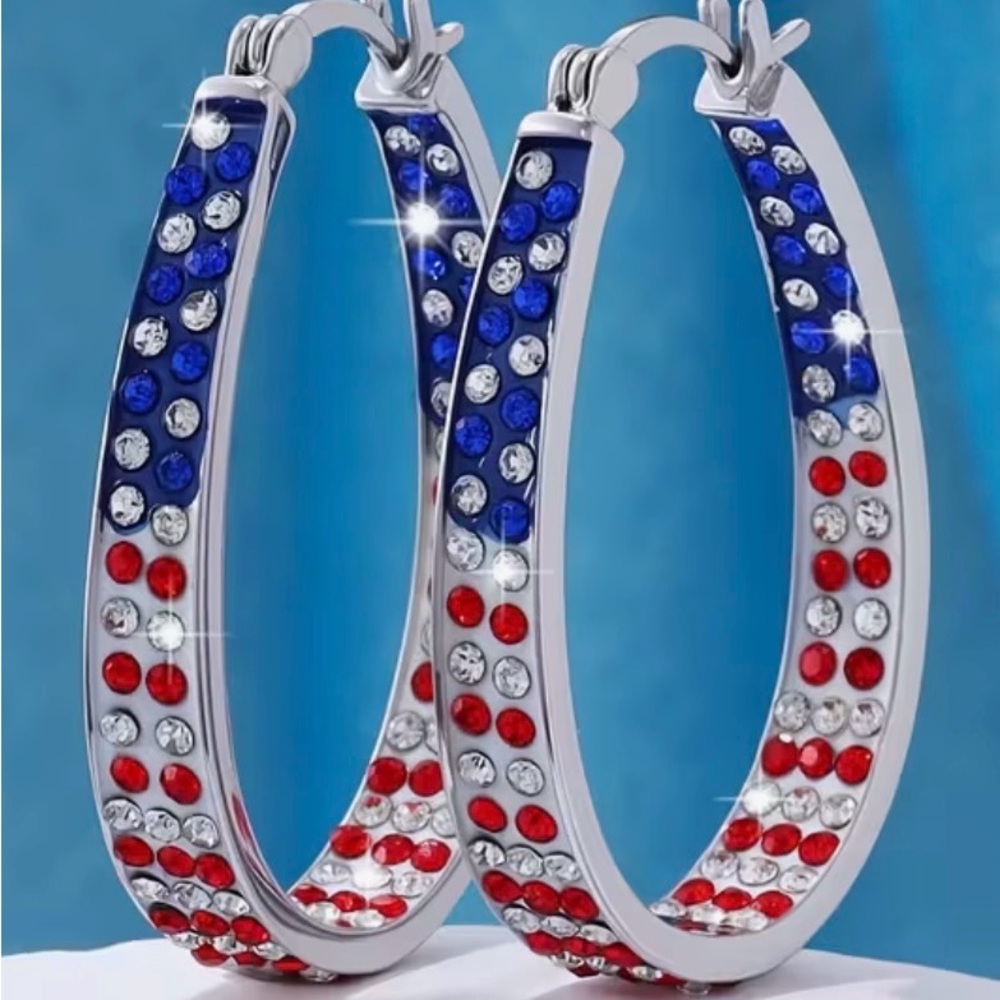Patriotic Crystal Hoop Earrings - Blue, Red & Clear